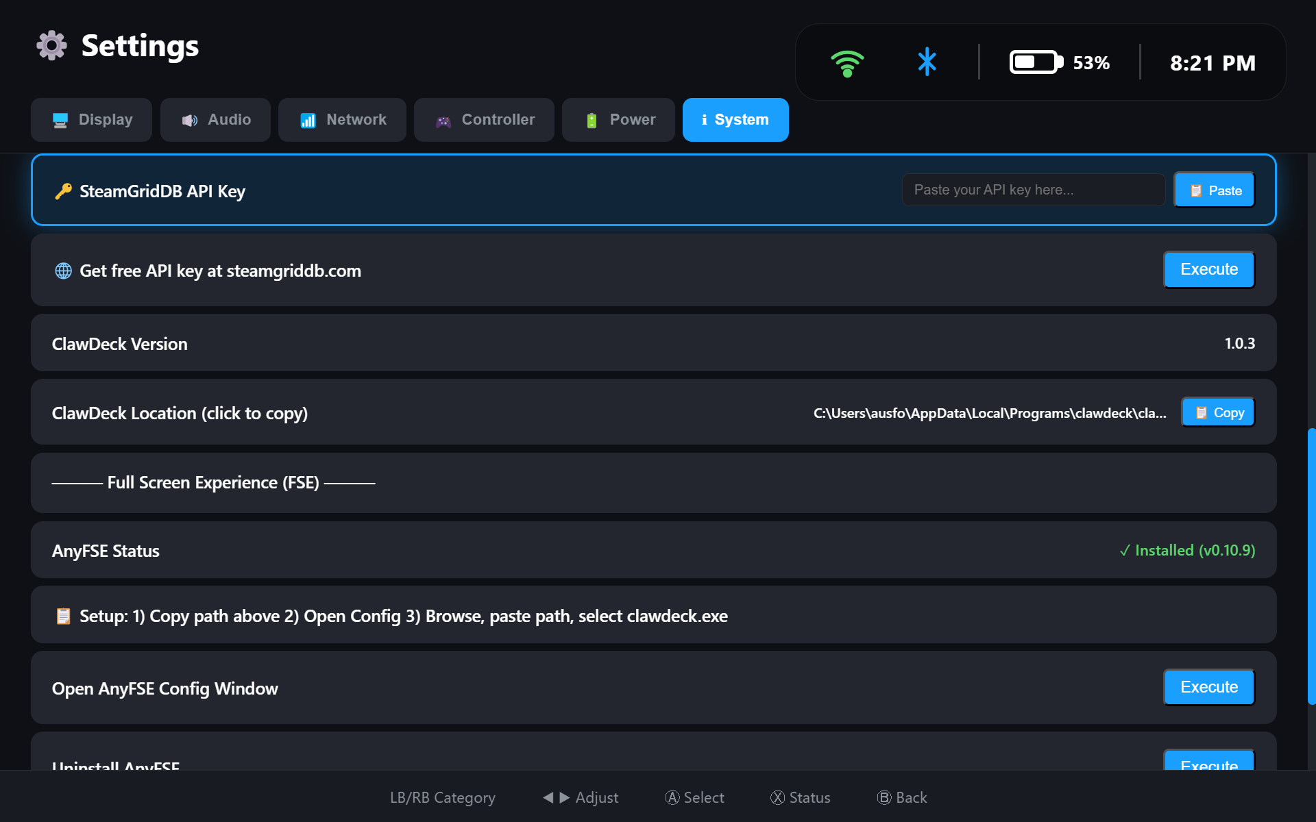 Claw Deck settings page